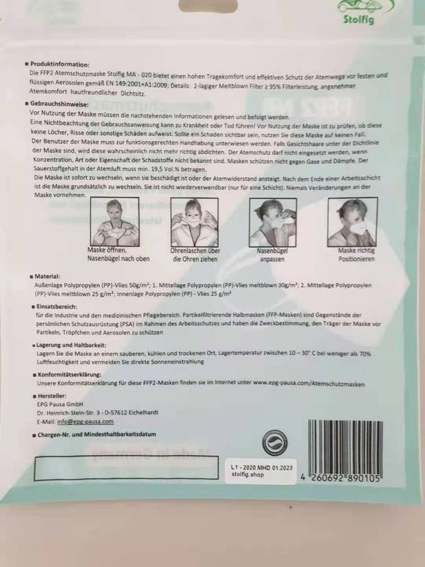 Stolfig FFP2-Atemschutzmaske, 10er Pack (Kindergöße XS; M; XL)